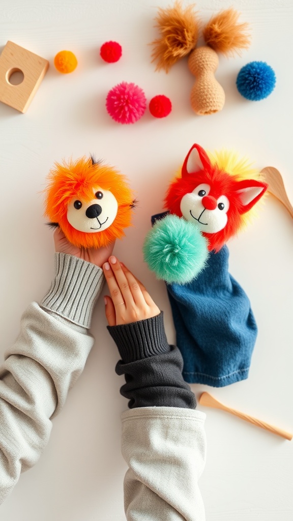 Two colorful pom pom animal puppets, a lion and a fox, with various craft supplies scattered around.
