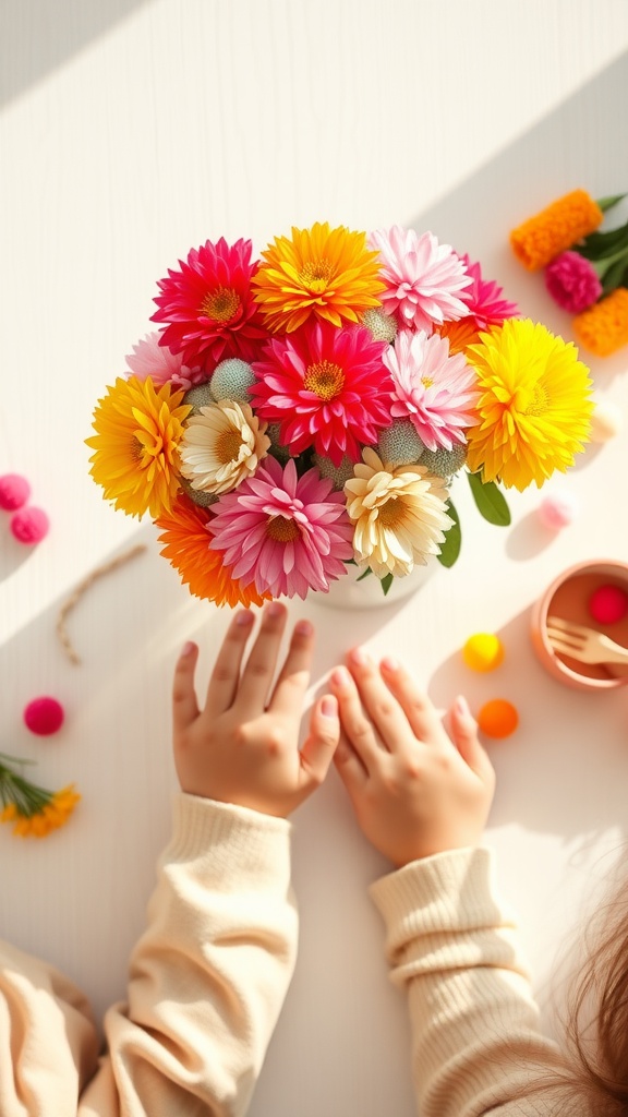 Colorful pom pom flowers in a vase with a child's hands nearby