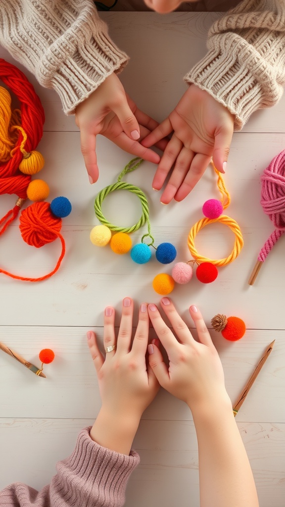 Colorful pom pom friendship bracelets and yarn laid out on a table with hands crafting together.