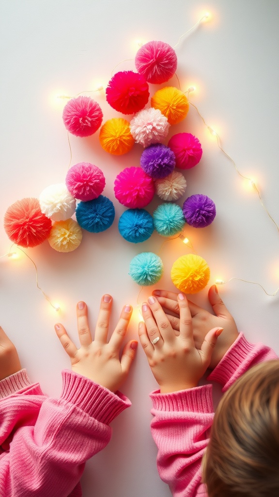Colorful pom poms and children's hands creating a garland