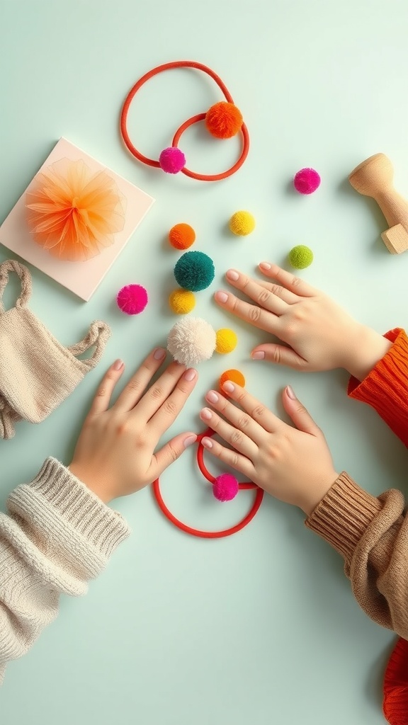 Colorful pom poms and hair ties for making pom pom hair accessories
