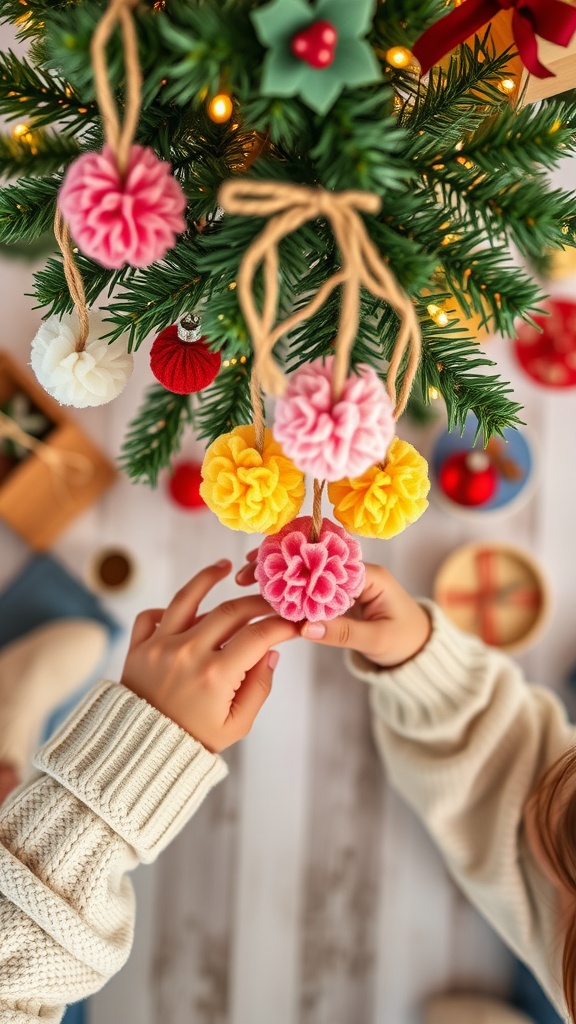 Hands reaching for colorful pom pom ornaments hanging from a Christmas tree