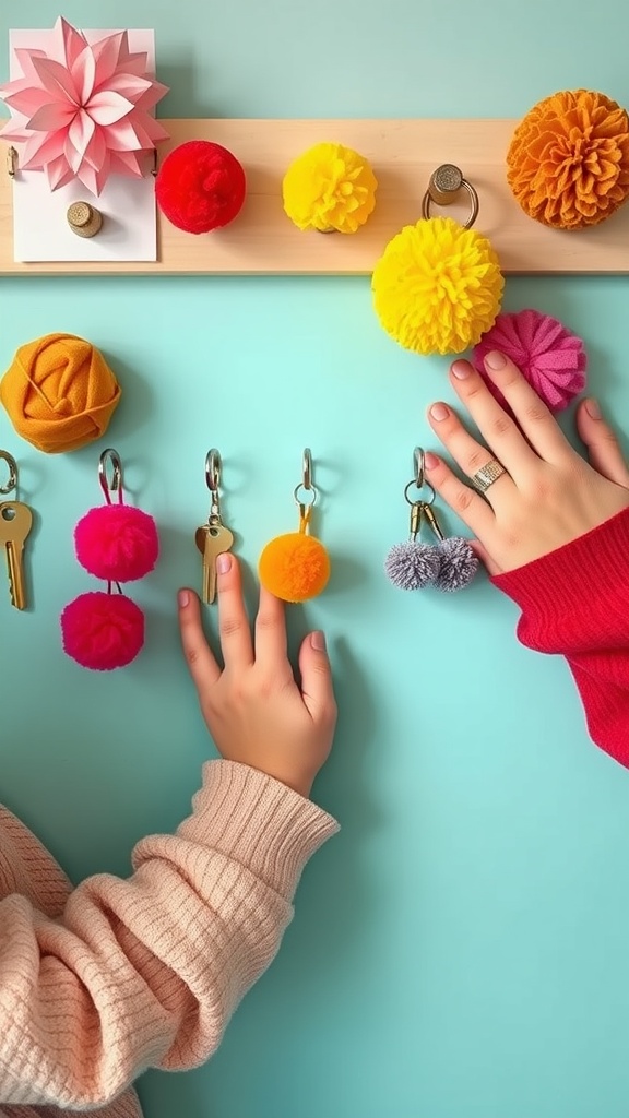 Colorful pom pom key holders displayed on a wooden rack with two hands selecting one.