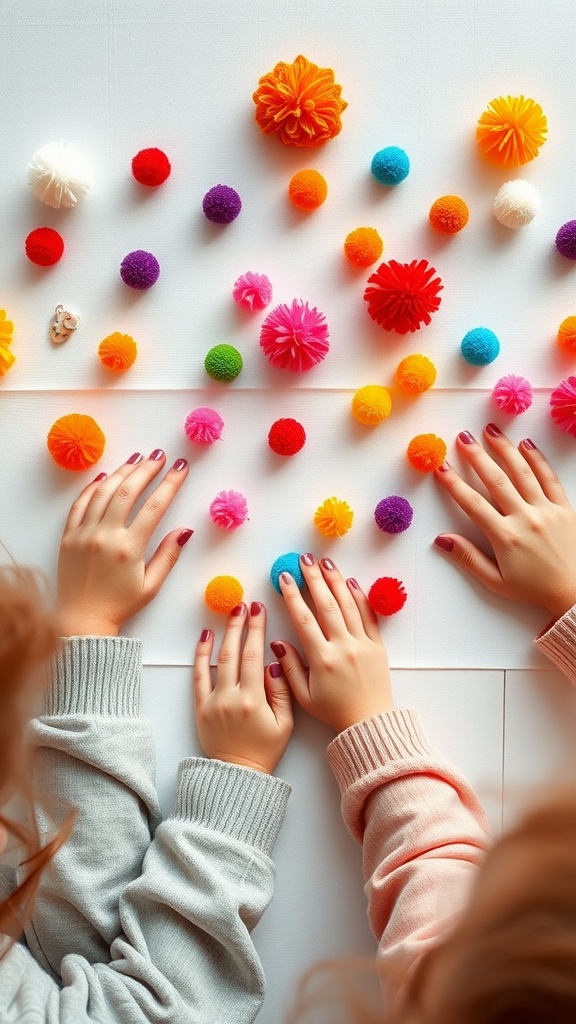 Colorful pom poms scattered on a table, with hands arranging them for a wall art project.