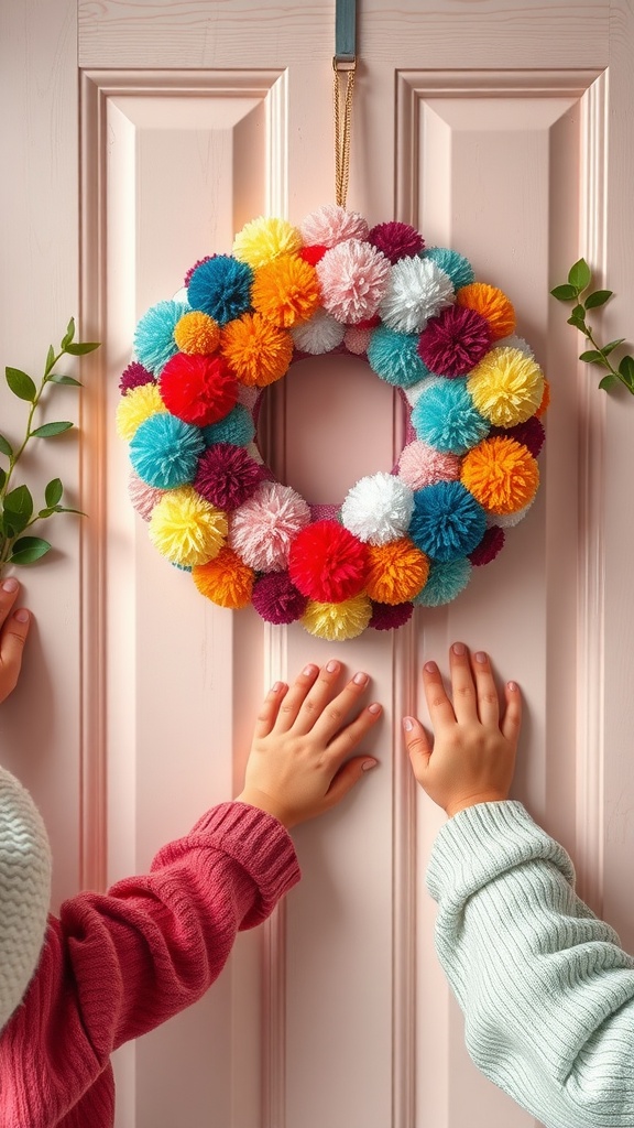 Colorful pom pom wreath hanging on a pink door with two children's hands reaching towards it.