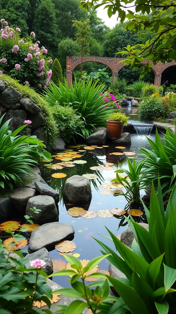 A tranquil pond surrounded by lush greenery and blooming flowers in a garden.