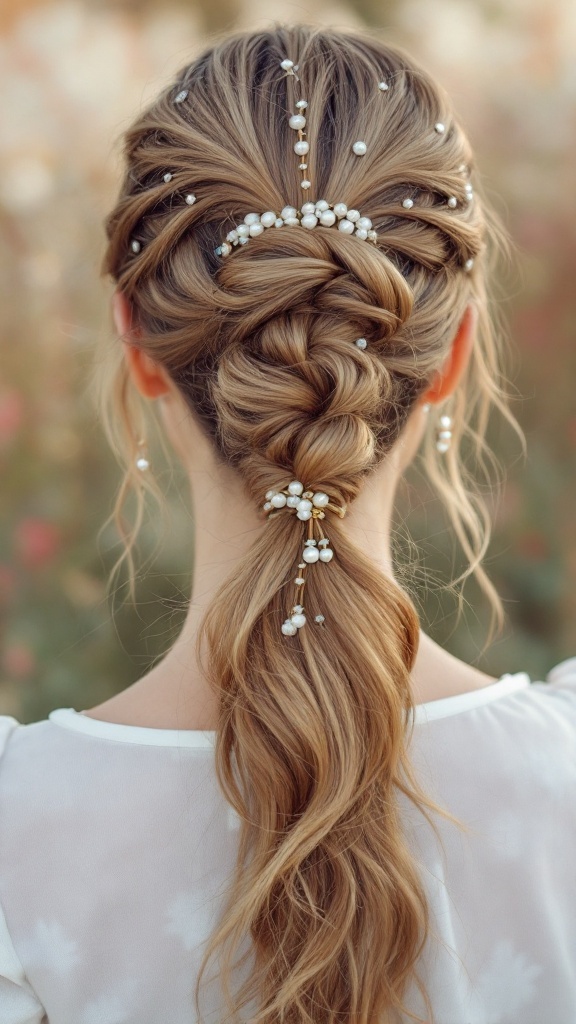 A woman with a long ponytail styled with beaded accents, showcasing an elegant hairstyle.