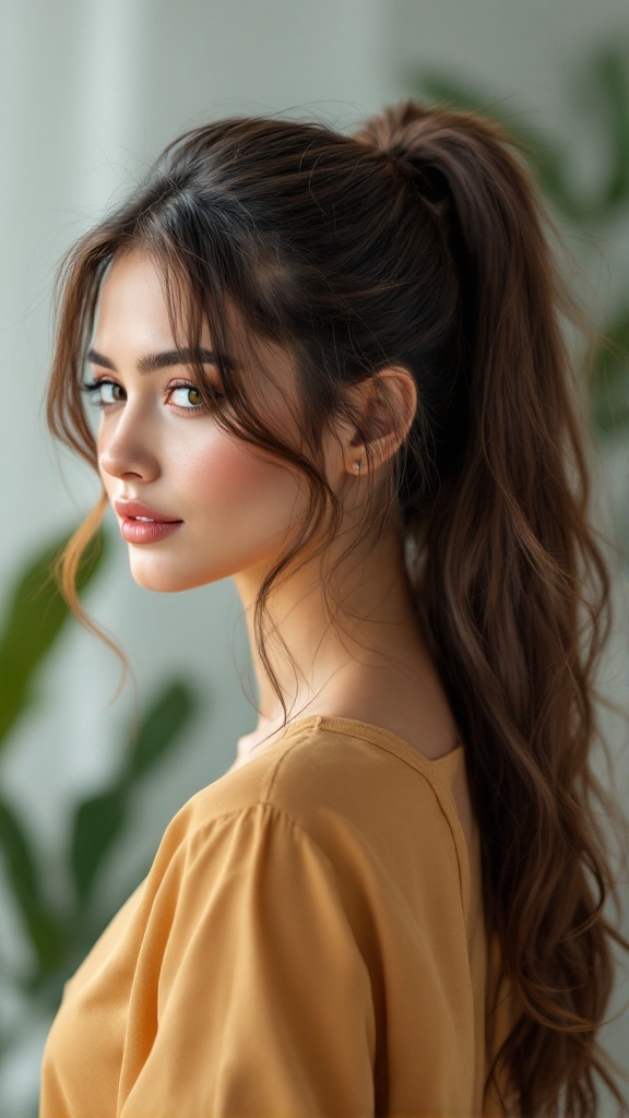 A woman with a ponytail and face-framing layers, showcasing a stylish hairstyle.
