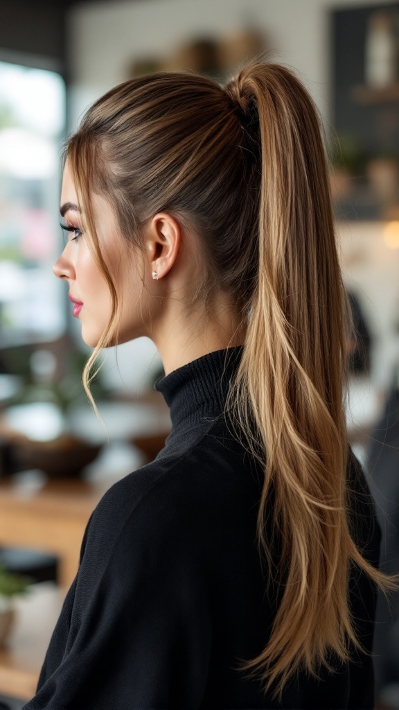 A woman with a high ponytail and face-framing strands, wearing a black turtleneck.
