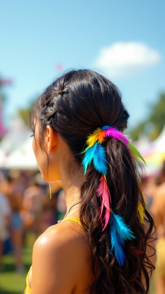 A woman with a colorful ponytail featuring bright feathers, set against an outdoor festival backdrop.