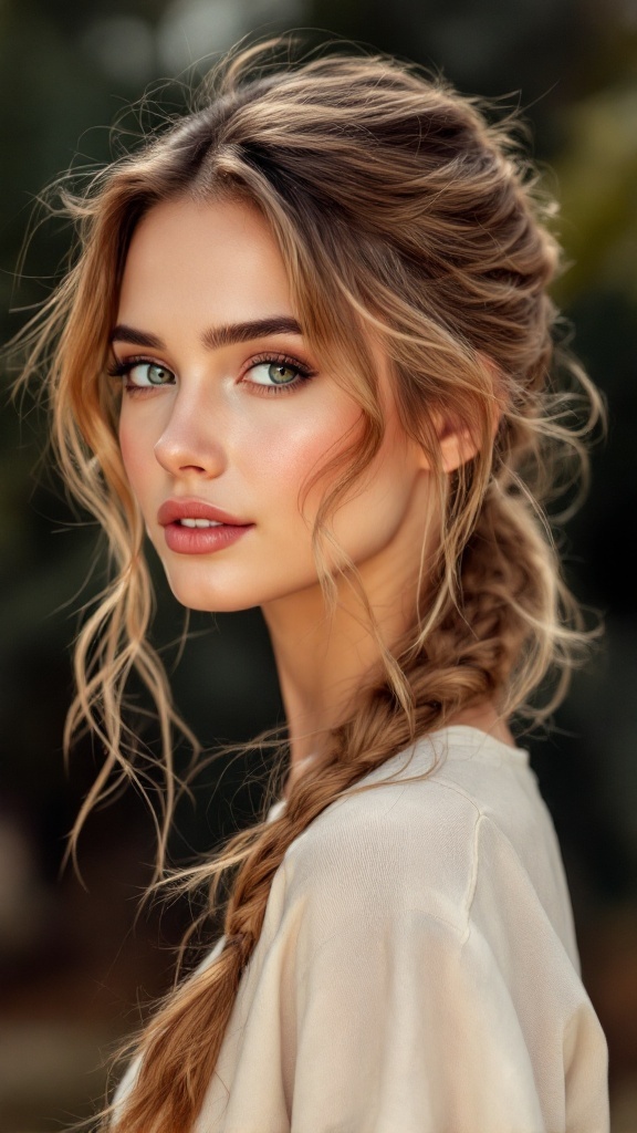 A woman with a long ponytail and loose face-framing strands, showcasing a soft and chic hairstyle.