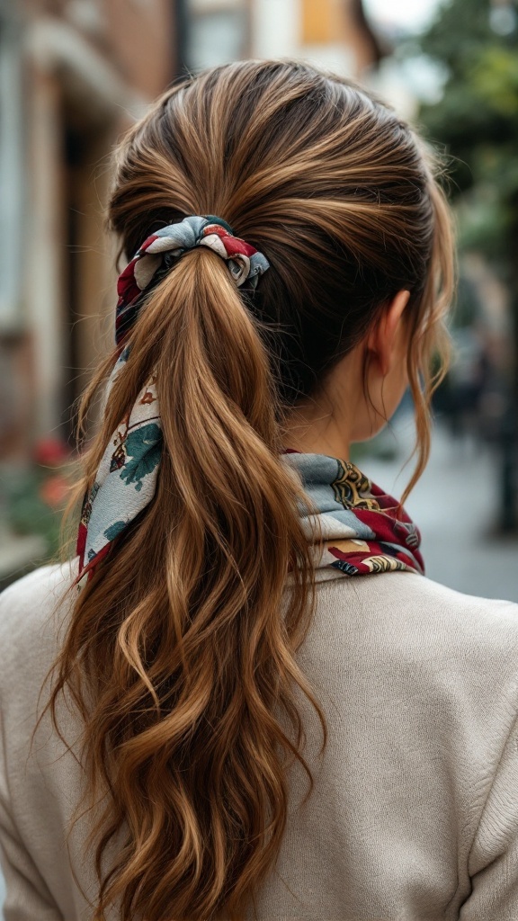 A woman with a ponytail adorned with a vintage scarf, showcasing a stylish boho hairstyle.