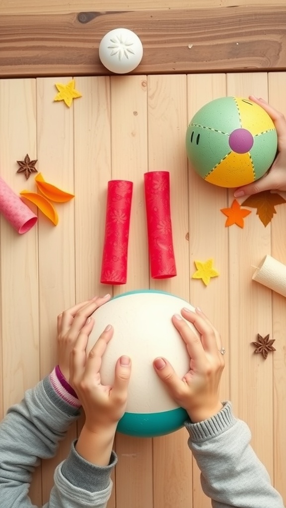 Hands preparing a pool noodle bowling game with colorful materials on a wooden table.