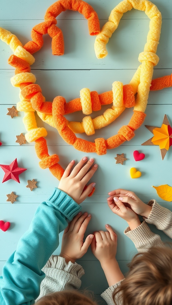 Children making a colorful pool noodle garland on a light blue background.