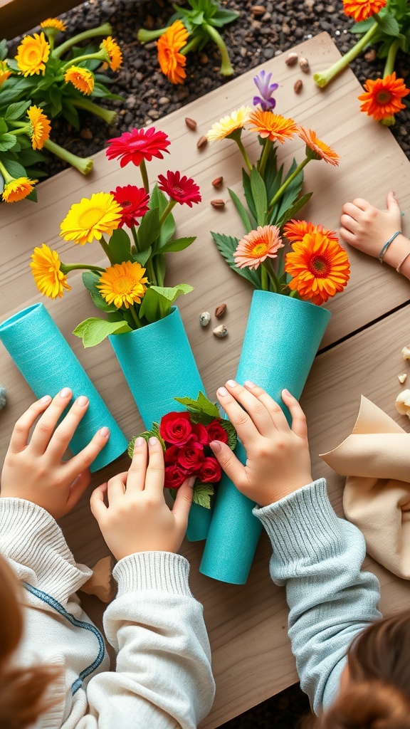 Children creating colorful flower arrangements with pool noodle planters.