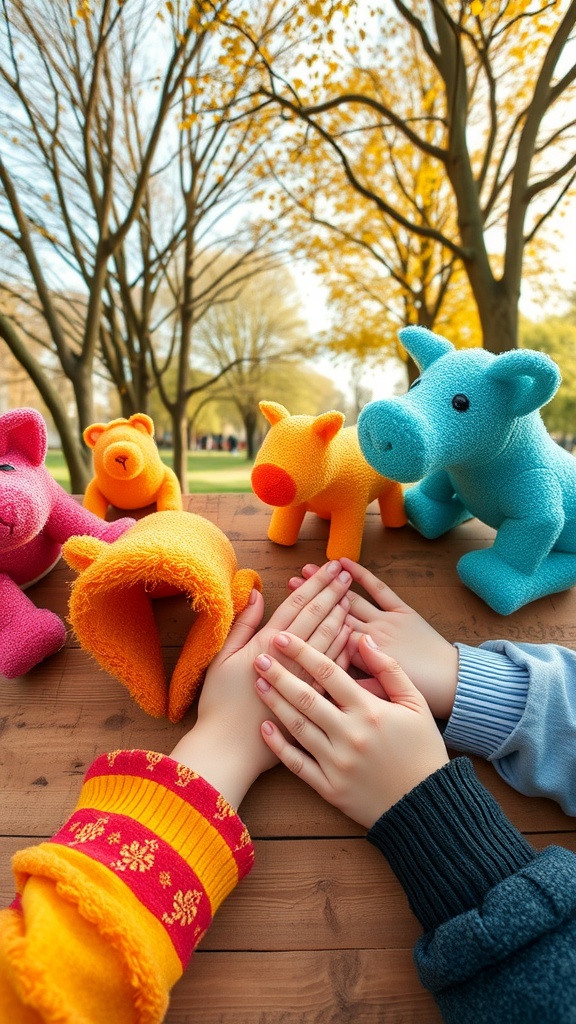 Colorful pool noodle sculptures resembling animals, with children's hands at play