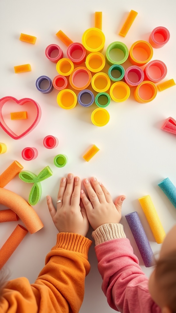 Children's hands creating colorful wall art with cut pieces of pool noodles.