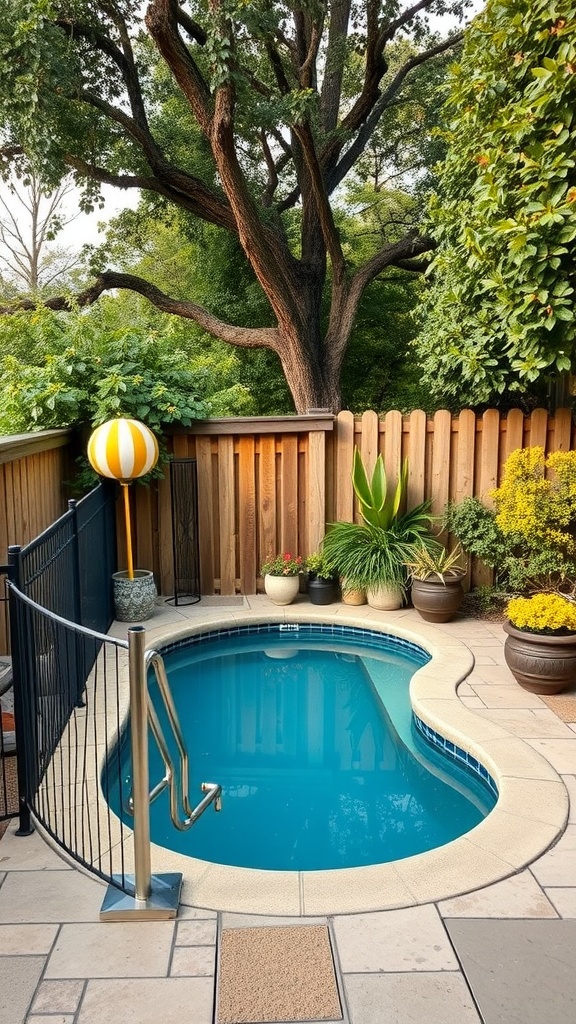 A small backyard pool surrounded by greenery and a safety fence.