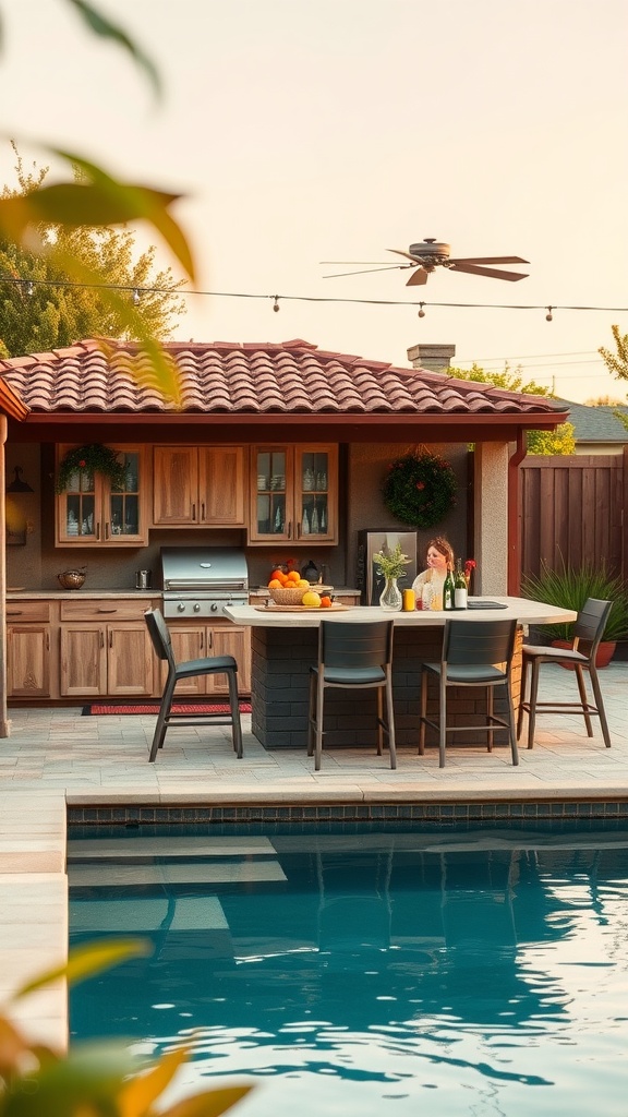 Outdoor kitchen and bar area by a pool