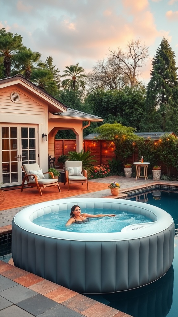 A woman relaxing in an inflatable hot tub beside a pool in a serene backyard setting with palm trees and cozy seating.