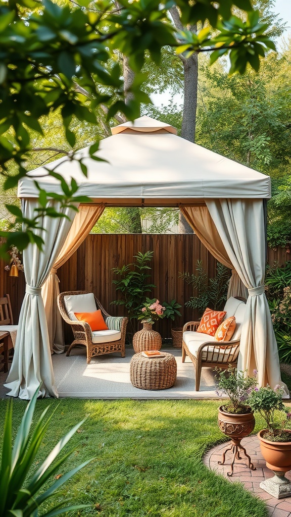 A cozy pop-up gazebo in a lush backyard, complete with chairs, cushions, and greenery.