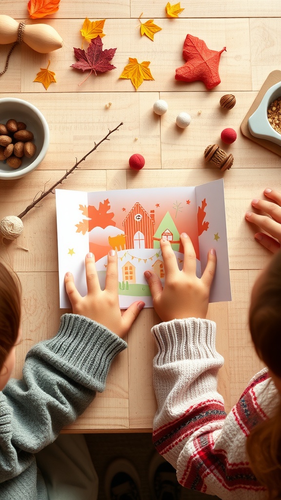 Two children making a pop-up paper card with autumn decorations on a wooden table.