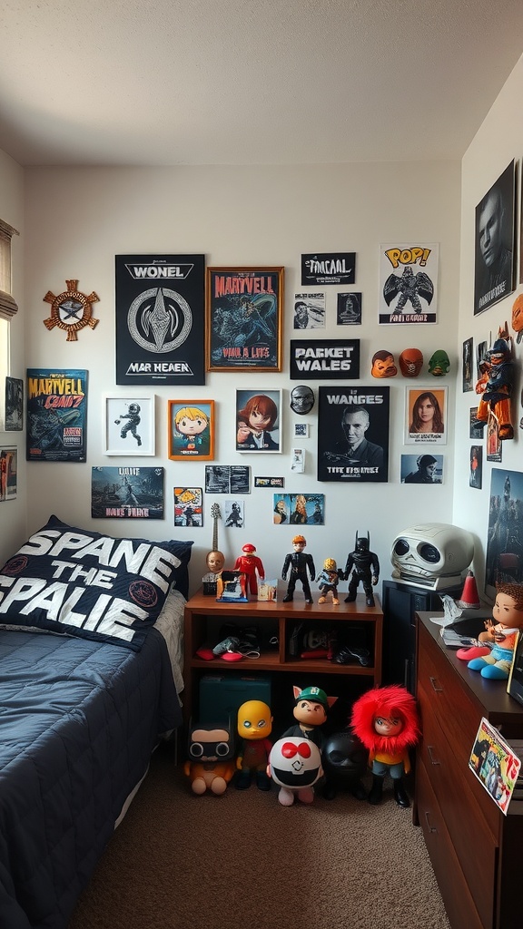 A teen boy's bedroom showcasing pop culture memorabilia with posters, action figures, and themed bedding.