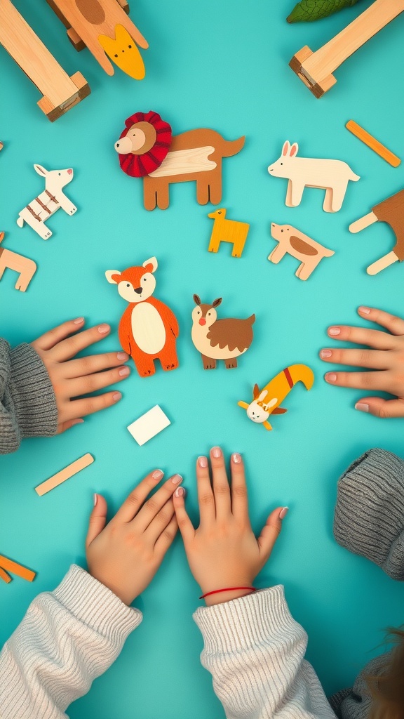 Colorful popsicle stick animal figures with hands of children playing around them