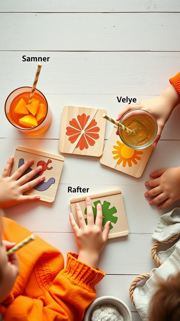 Children's hands holding colorful drinks on handmade popsicle stick coasters with playful designs.