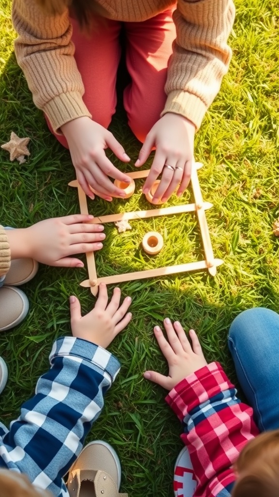 Children playing with popsicle sticks on grass, engaged in an outdoor game.