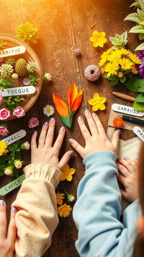 Hands creating colorful popsicle stick garden markers alongside flowers and plants on a wooden table.