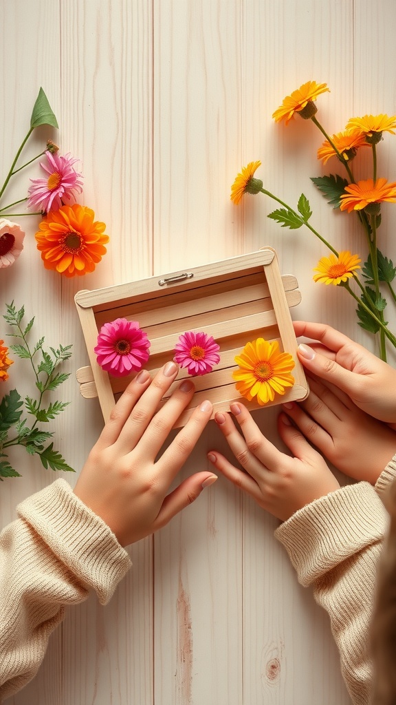 Hands of two people adding flowers to a popsicle stick jewelry box surrounded by colorful blooms.