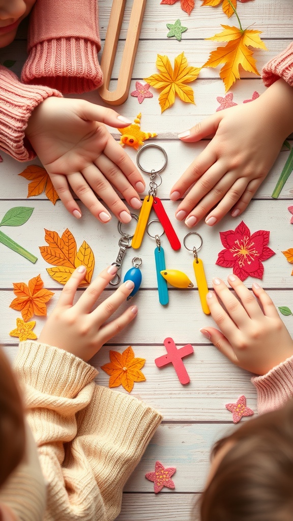 Colorful popsicle stick keychains on a table surrounded by leaves and flowers.