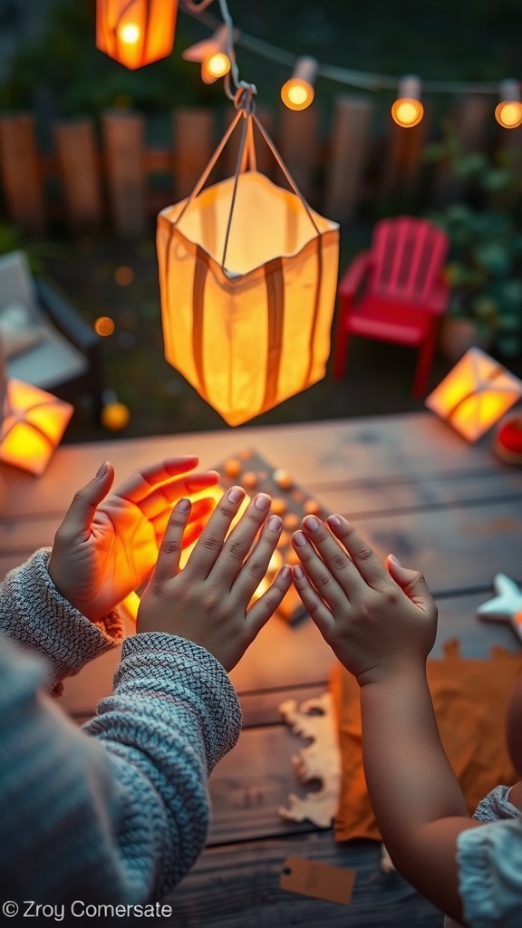 Hands around a glowing popsicle stick lantern with other lanterns in a cozy outdoor setting