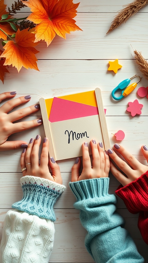 Hands working on a colorful popsicle stick letter holder project with autumn leaves around.