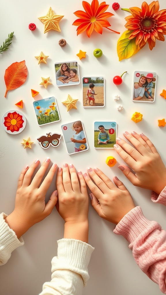 Hands gathered around colorful decorations and pictures for popsicle stick magnets.
