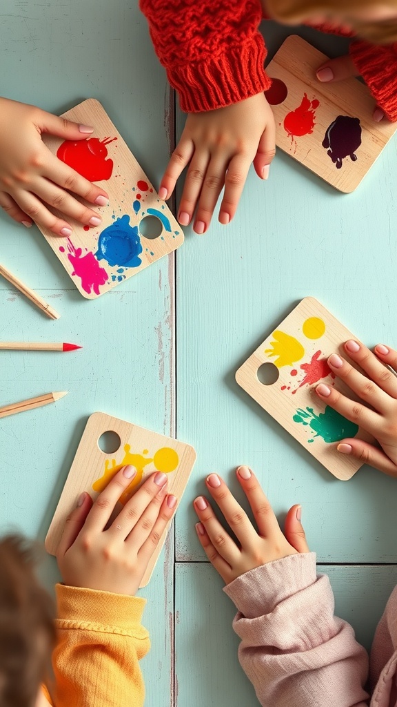 Children's hands holding colorful mini palettes made of popsicle sticks with vibrant paint