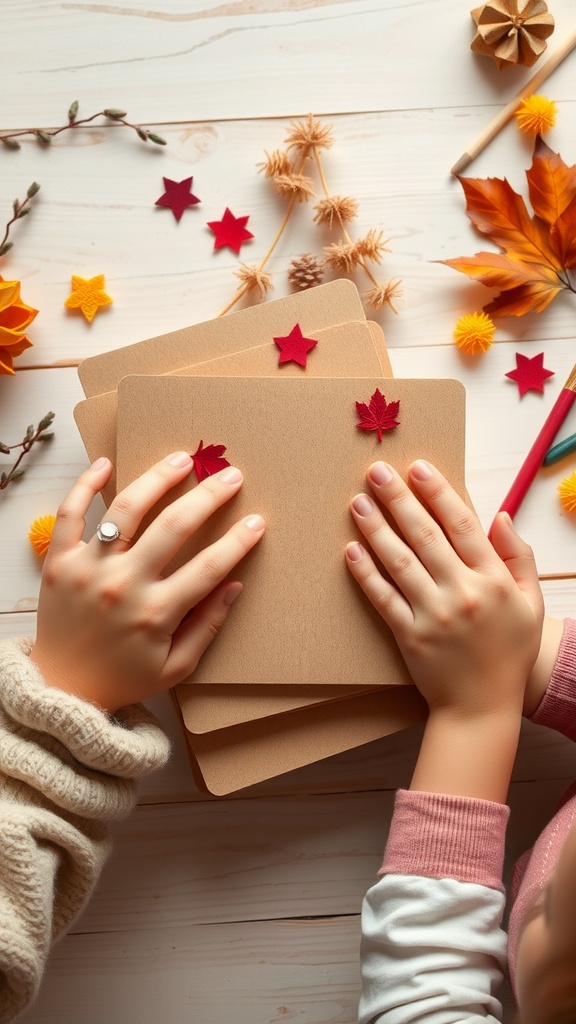 Hands assembling popsicle stick notebooks with colorful decorations
