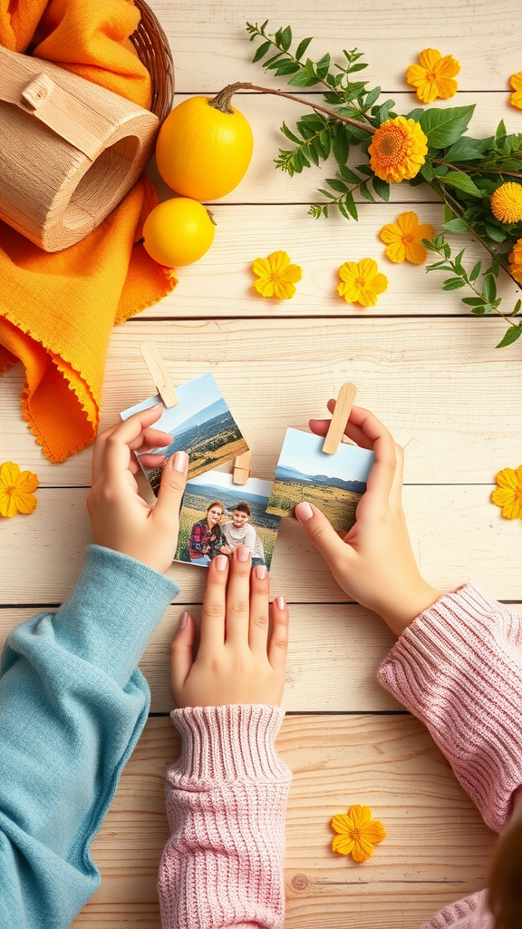Two hands holding photos clipped onto popsicle sticks with flowers and decorative items around