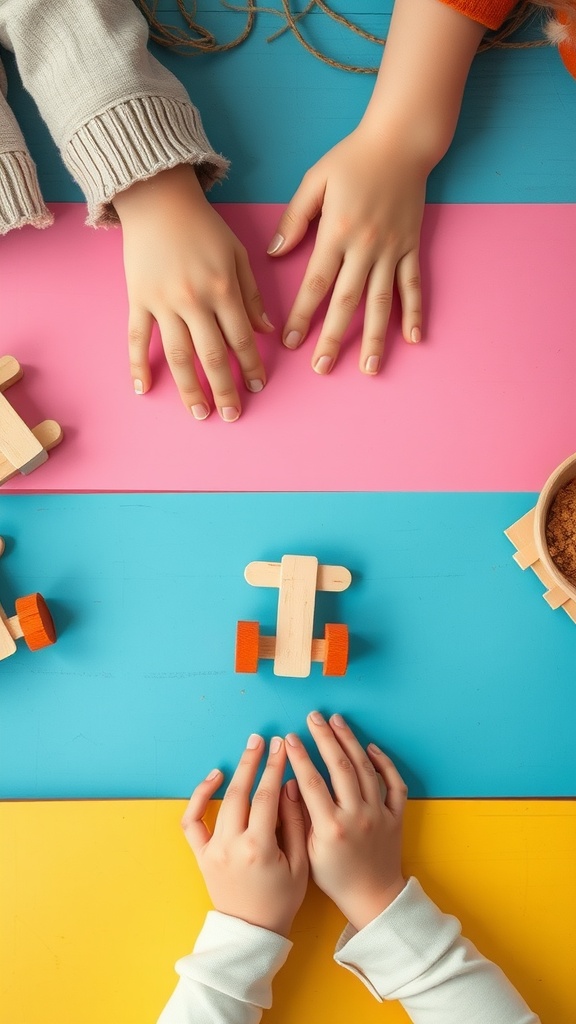 Children's hands working on popsicle stick race cars with colorful background.