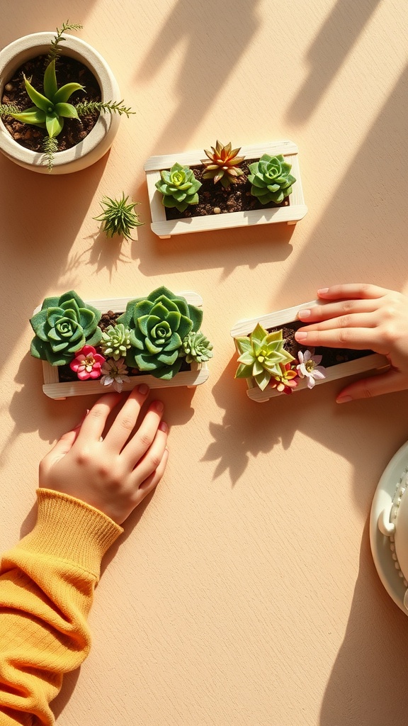 Colorful popsicle stick succulent planters with various succulents and hands reaching for them