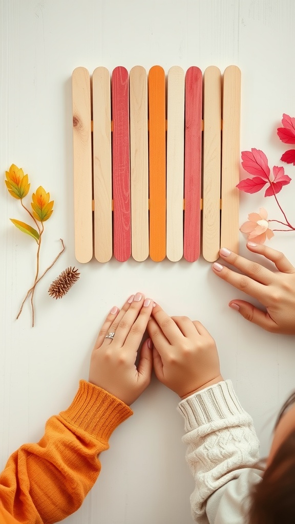 An artistic arrangement of painted popsicle sticks with autumn leaves and two pairs of hands touching them
