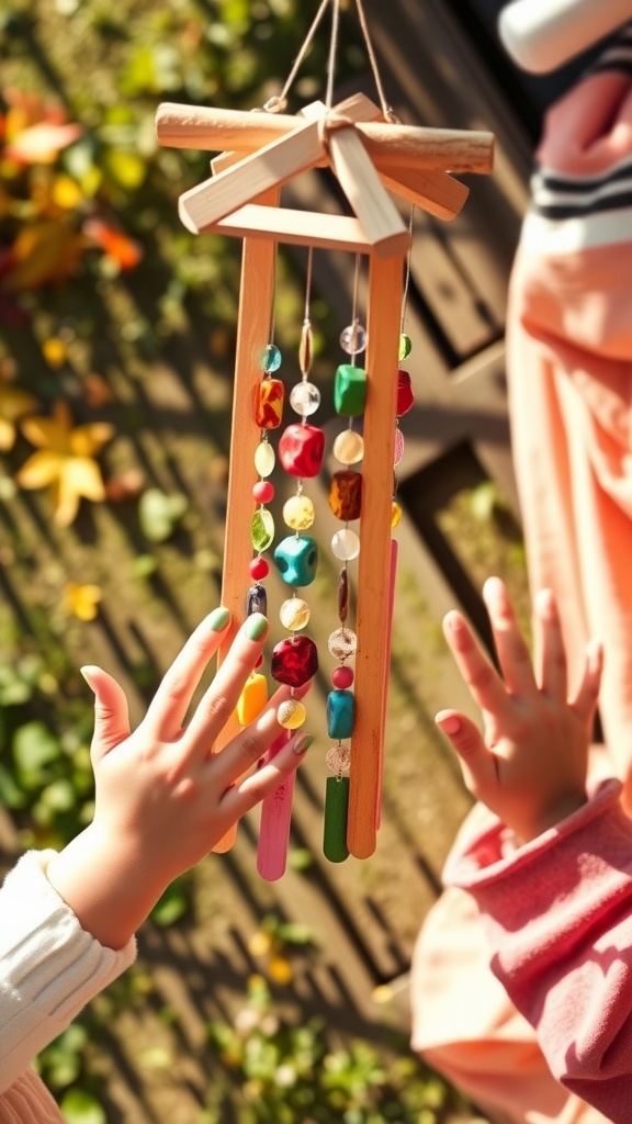 Colorful popsicle stick wind chimes with beads, being touched by children's hands in a sunny garden