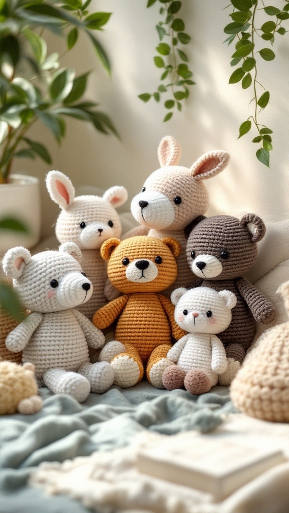 A collection of crocheted animal loveys including bears and bunnies.