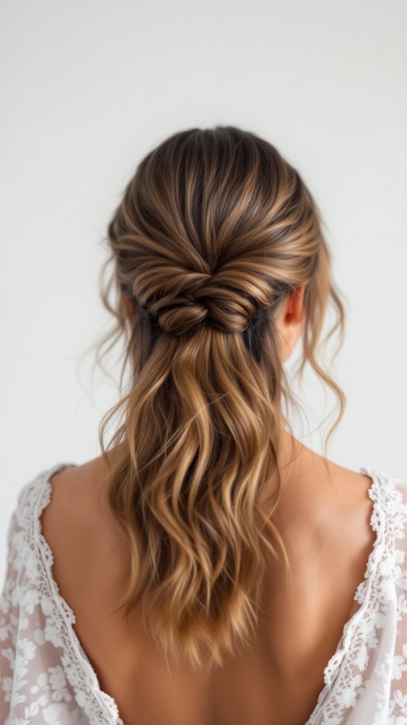 A stylish half up half down hairstyle with soft waves and bangs, showcasing a casual yet elegant look.