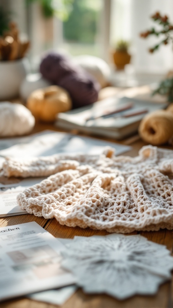 A crochet baby dress displayed on a wooden table, surrounded by yarn and crafting materials.