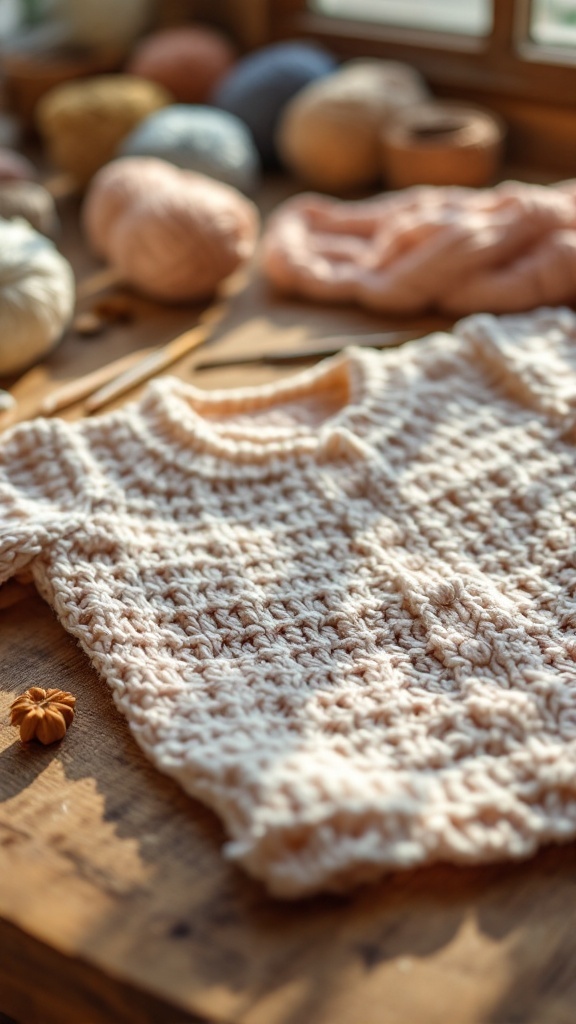 A handmade crochet baby jacket on a wooden table with colorful yarns in the background.
