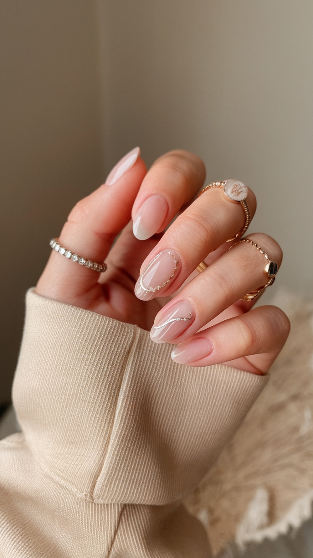 A hand showing tapered square nails with a soft nude base and elegant nail art.