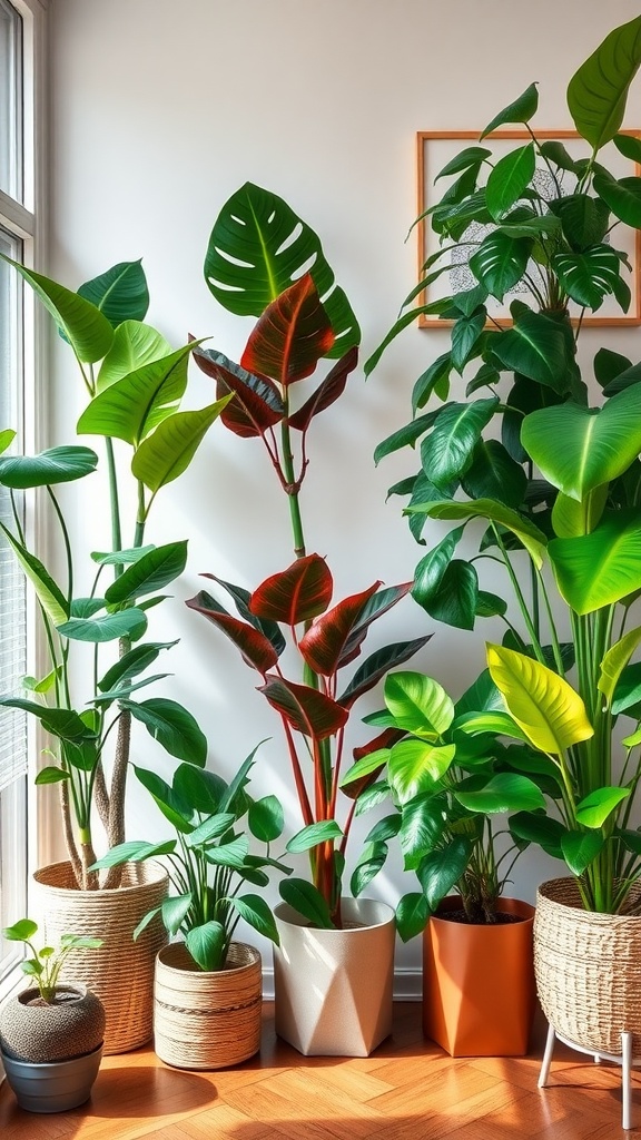 A variety of tall house plants arranged in pots, showcasing different shapes and colors of foliage.