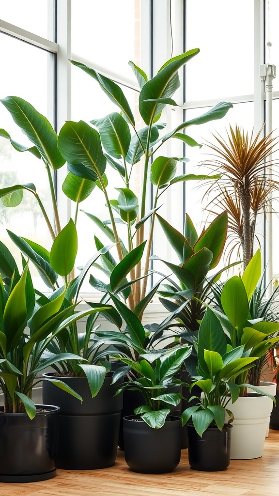 A collection of various house plants in black pots, showcasing their lush green leaves, set in a bright room with large windows.